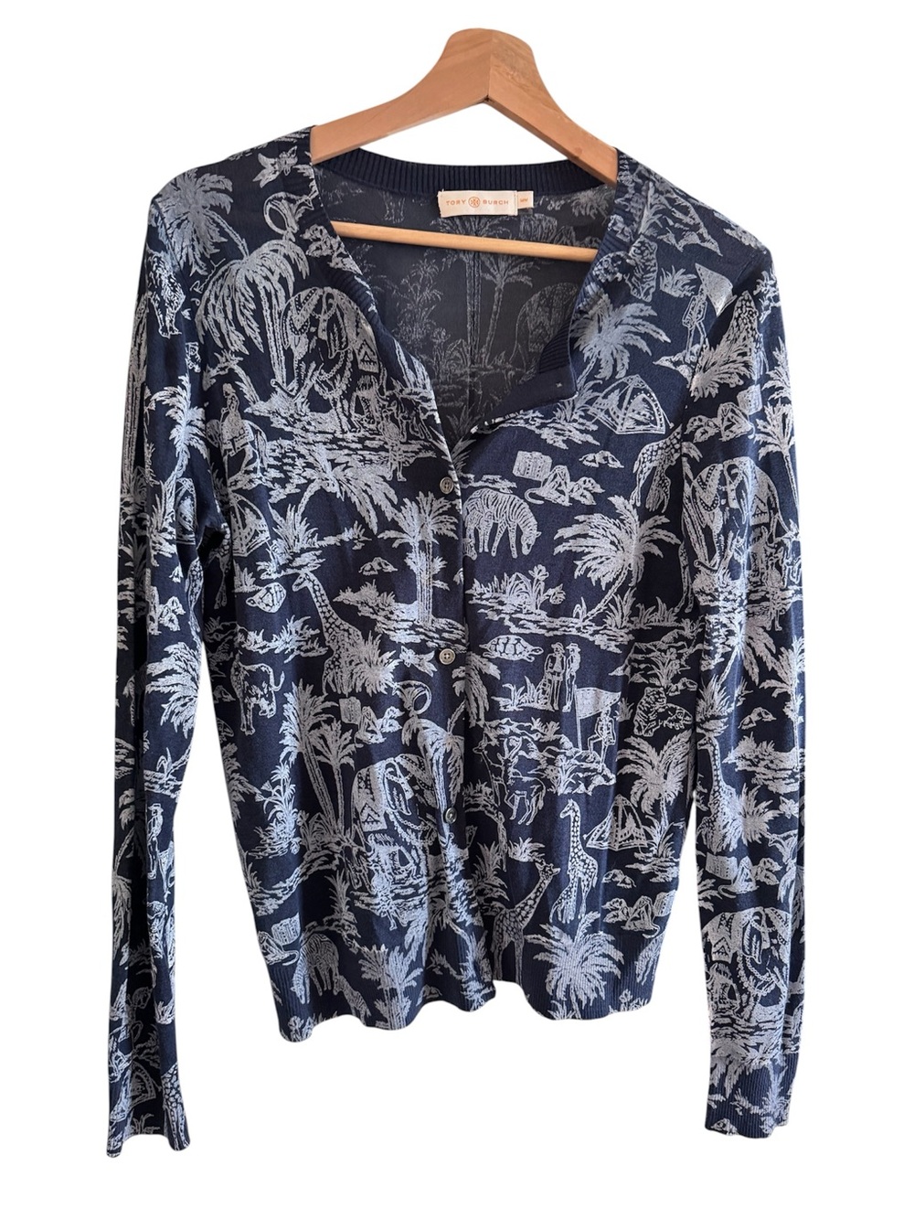 Tory Burch Navy and White Printed Long-Sleeve Cardigan large